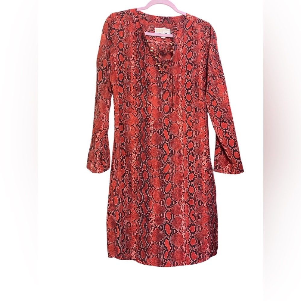 Michael Kors Orange Snake Print 100% Silk Long Sleeve Dress Women SM EUC
